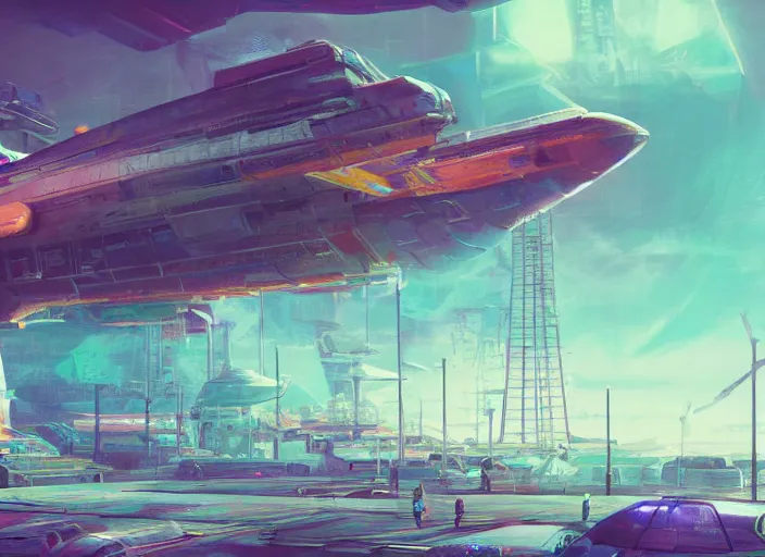 Prompt: detailed concept art illustration colorful pastel painting of a retro sci-fi solarpunk spaceship docked at port in full intricate detail, ultra detailed, digital art, octane render, 4K, dystopian, micro details