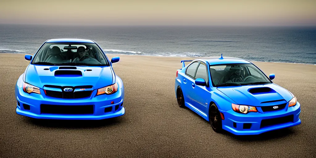 Prompt: photograph, 2007, 2007, 2007 Subaru WRX STi, cinematic, california coast, ocean view, 8k, depth of field, bokeh.