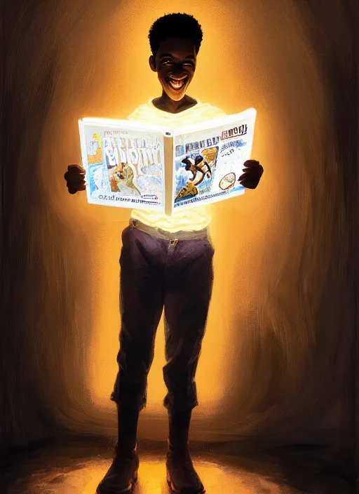 Image similar to portrait of teenage chuck clayton, black teenage boy, short curly hair, short hair square jaw, slight excited smile, reading a comic book, intricate, elegant, glowing lights, highly detailed, digital painting, artstation, concept art, smooth, sharp focus, illustration, art by wlop, mars ravelo and greg rutkowski