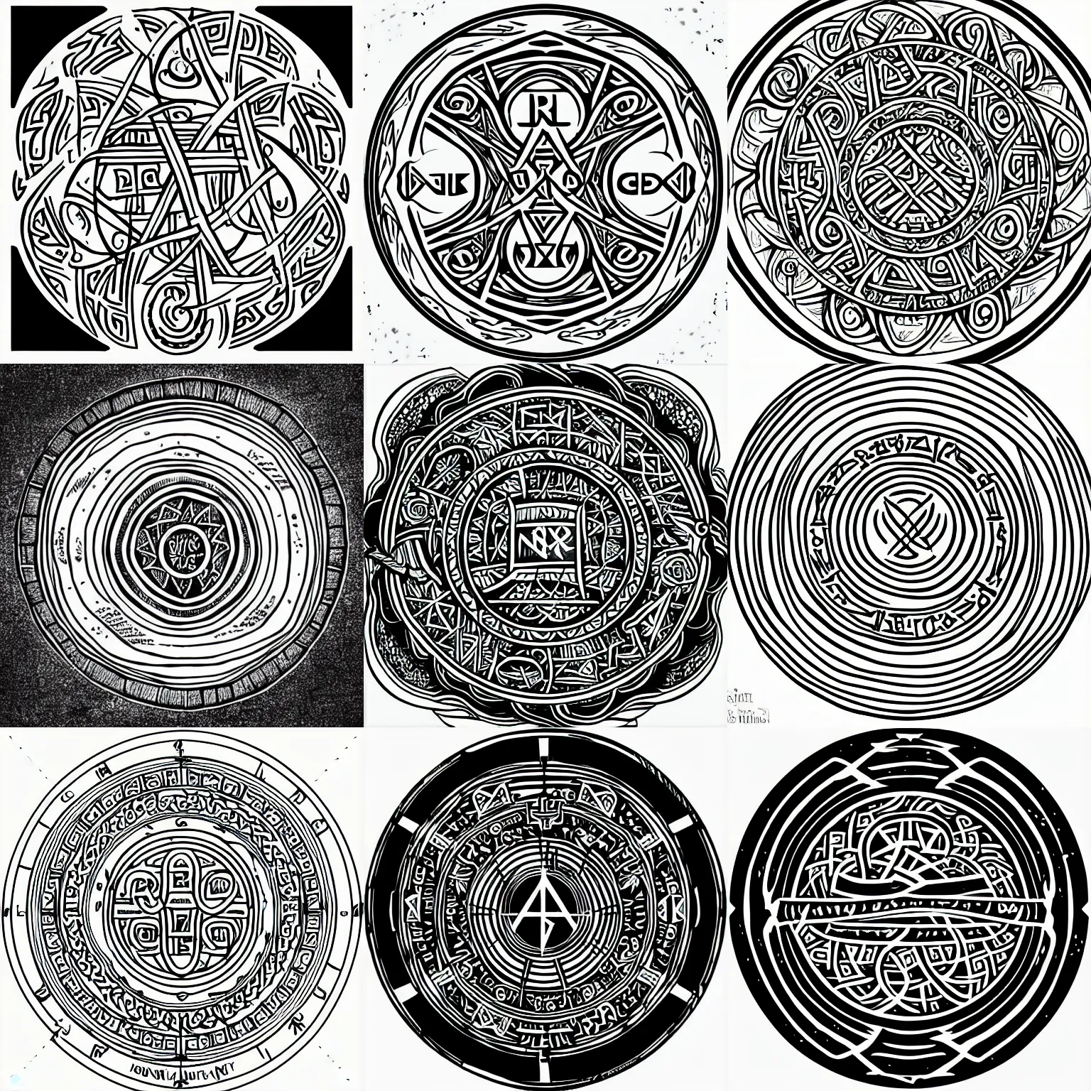 Prompt: magical wizard mystic secret runic circle, line art