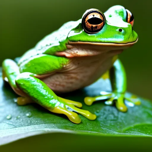 Image similar to a frog with a microphone for a head sitting on a wet leaf, nature photography, high resolution 8k, animal,