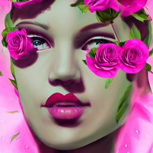 Image similar to a large pink rose with a beautiful womans face coming from the middle of it, highly detailed, 8k, artstation, cursed