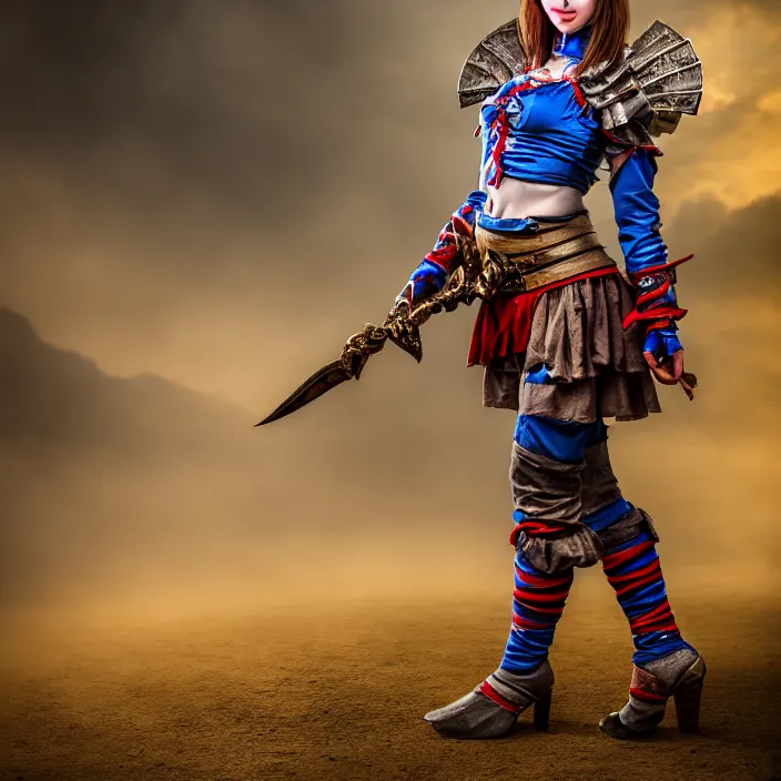 Image similar to full length photo of a real - life beautiful female jester warrior, 8 k, hdr, smooth, sharp focus, high resolution, award - winning photo