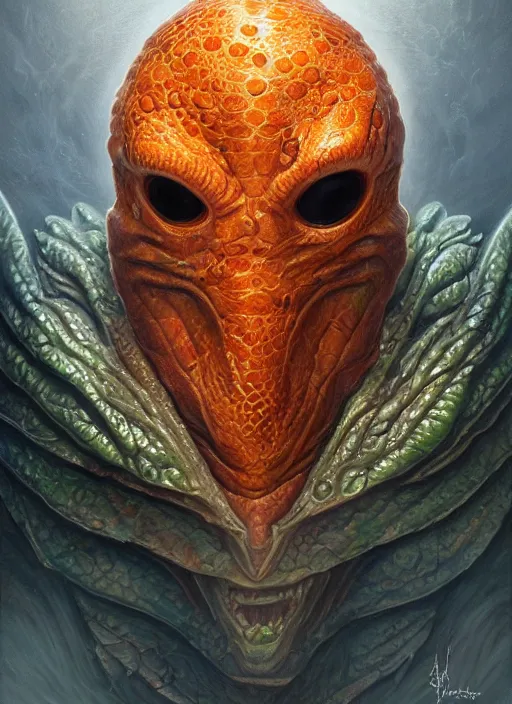 Image similar to aquatic mf doom reptile eyes, orange skin. intricate, elegant, highly detailed, centered, digital painting, artstation, concept art, smooth, sharp focus, illustration, artgerm, tomasz alen kopera, peter mohrbacher, donato giancola, joseph christian leyendecker, wlop, frank frazetta