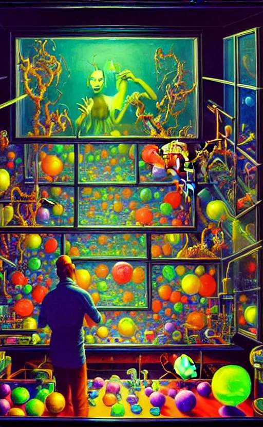 Prompt: a hyperrealistic painting of an ornate isometric supreme dark overlord synthesizing creatures at his laboratory workstation, glowing clear liquid filled glass chambers, ball pit, plastic, cinematic horror by the art of skinner, chris cunningham, lisa frank, richard corben, highly detailed, vivid color,