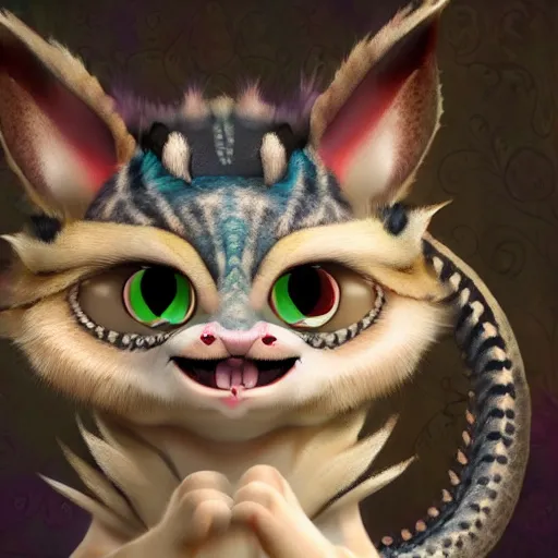 Prompt: a hyper realistic render of a cute eastern dragon with big eyes and friendly + a cute cat