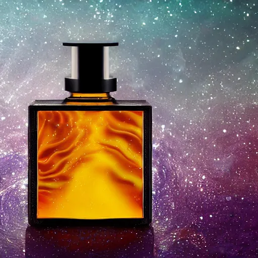 Image similar to perfume bottle surrounded by artistic galactic water waves