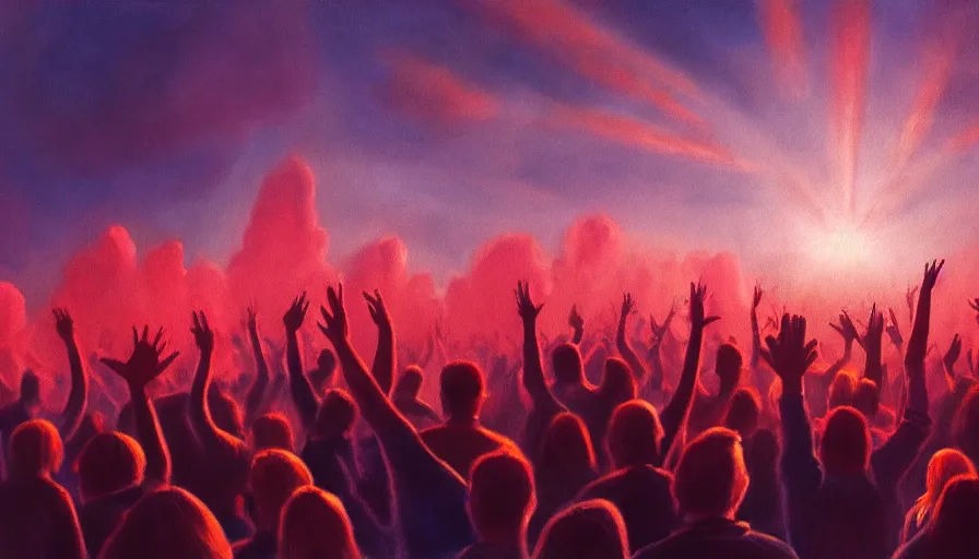 Image similar to painting of a crowd with raised arms pointing towards a glowing sky, volumetric lighting, nasty, hyperdetailed, realistic