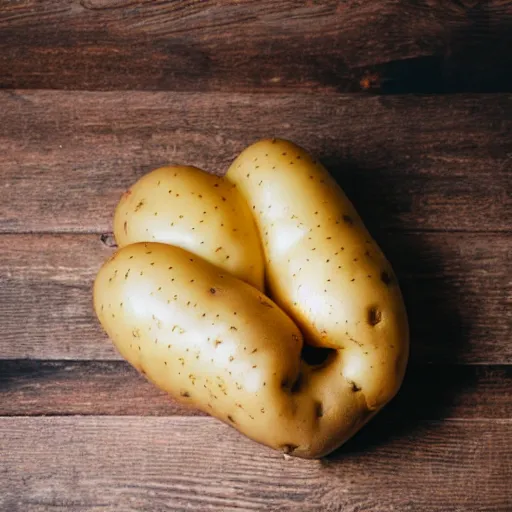 Image similar to potato with face, legs and arms, on a wooden table