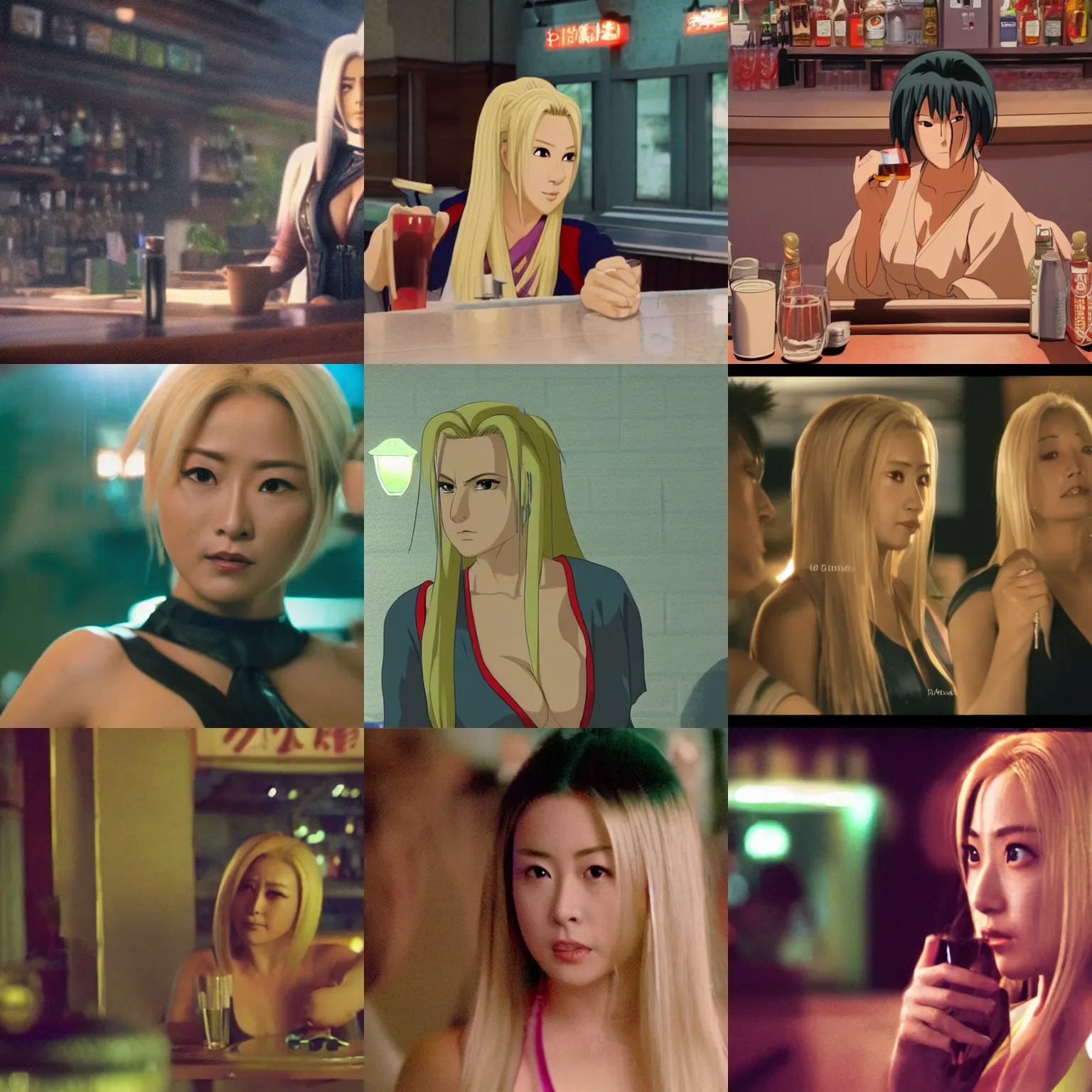 Prompt: Tsunade from the live action Naruto movie, drinking at a bar at night. center frame medium shot, shot on technicolor cinemascope 35mm anamorphic lense, flare, still from a movie