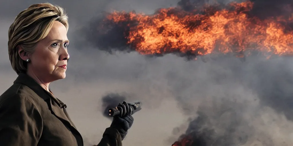 Image similar to movie still of hilary clinton fighting in libya, focused shot, realistic, smoke, fire, octane render