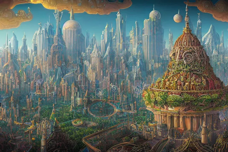 Prompt: Detailed render of Fantasy City built from White Domes by Michael Whelan and Benjamin Lacombe and Megan Duncanson, super details, colorful, ornate background, intricate details