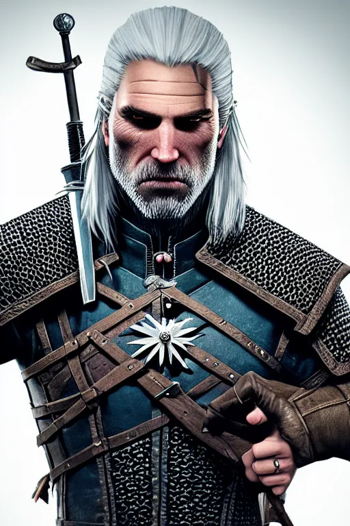 Image similar to portrait of geralt of rivia, 5 5 mm lens, professional photograph, times magazine, serious, stern look, zoomed out