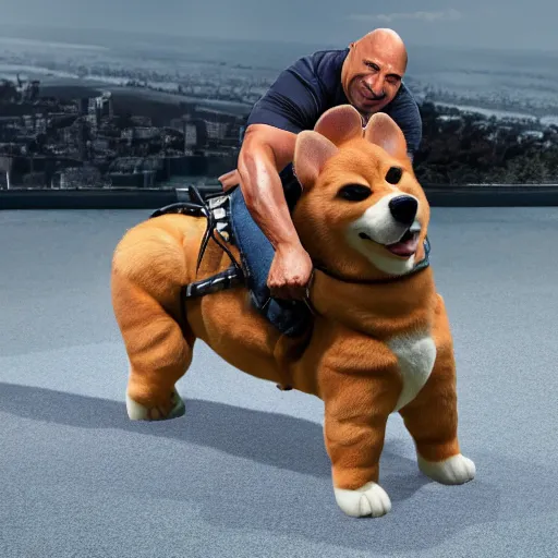 Image similar to photo of dwayne johnson riding a giant corgi, highly - detailed, sharp focus, award - winning