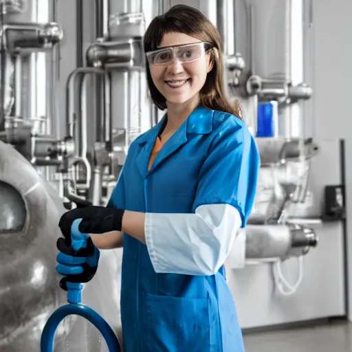 Image similar to woman in a lab coat leaning against a large compressed air tank. she's smirking while holding on to the tank's valve.