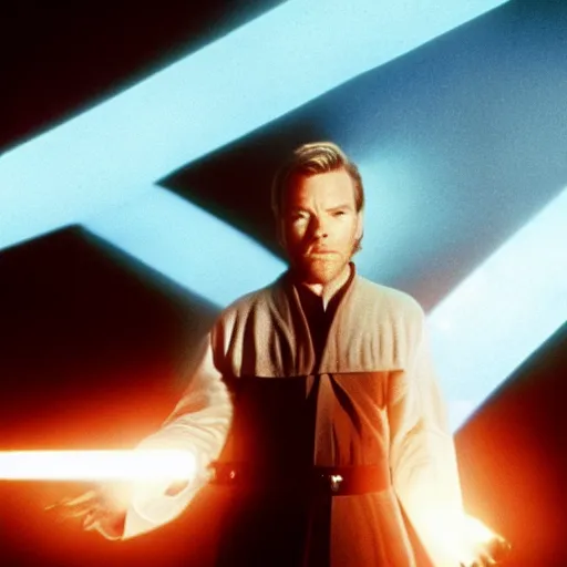 Image similar to film still of old ewan mcgregor as a ghost in star wars, blue ghost, transparent, epic lighting, highley detailled, kodak film