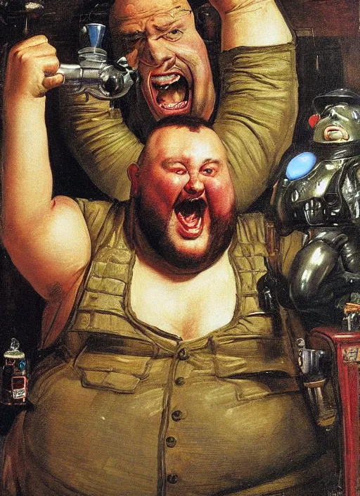 Image similar to head and shoulders portrait of a fat armoured cyborg enjoying himself in a pub, by normal rockwell and greg staples and john singer sargent