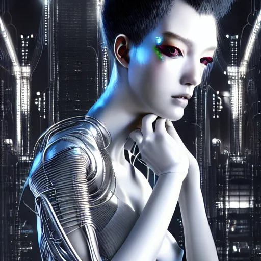 Image similar to the portrait of an absurdly beautiful, graceful, sophisticated, fashionable cyberpunk gynoid gravure idol, an ultrafine hyperdetailed illustration by kim jung gi, irakli nadar, intricate linework, iridescent wiring, porcelain skin, unreal engine 5 highly rendered, global illumination, radiant light, detailed and intricate environment