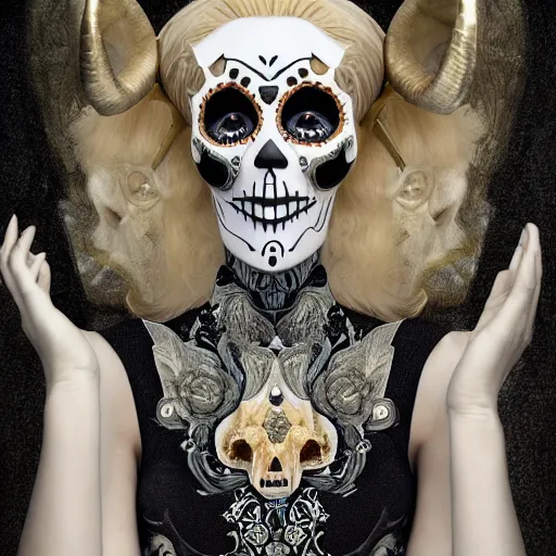 Image similar to champagne blonde lady changeling mythical satyr, humanoid with goat horns and goat legs, mid - waist self - portrait, perfect symmetry, intricate, dia de los muertos, skulls and flowers mask, aztec ultra detailed feathered dress 4 k resolution, octane rendering, ultra realistic, photo realism, beeple, 2 0 mm