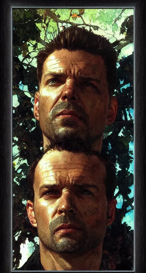 Image similar to close up max payne, sun shining, photo realistic illustration by greg rutkowski, thomas kindkade, alphonse mucha, loish, norman rockwell, in frame, symmetrical balance