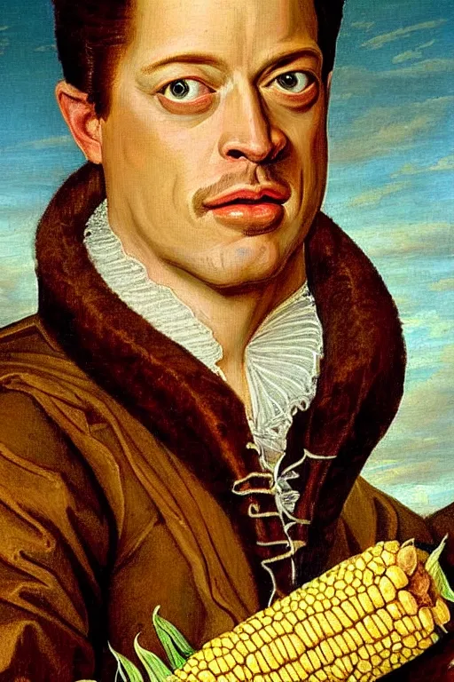 Image similar to a 1 6 0 0 s portrait painting of brendan fraser holding corn, intricate, elegant, highly detailed