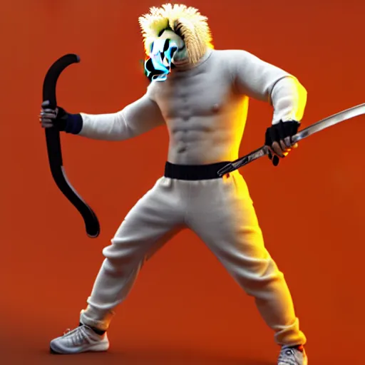 Image similar to commission of a fit male anthro albino lion holding a sword wearing an orange tracksuit,SFW,artstation,deviantart, science fiction industrial hard science concept art, 8K render octane high definition cgsociety