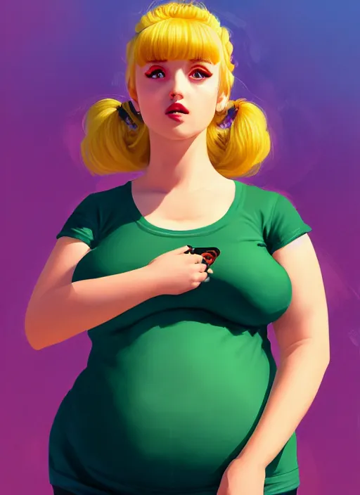 Image similar to full body teenage betty cooper, blonde hair, obese, bangs, ponytail, sultry, realistic, sultry smirk, ponytail, fluffy bangs, curly bangs, fat, belly, beautiful girl, intricate, elegant, highly detailed, digital painting, artstation, concept art, smooth, sharp focus, illustration, art by wlop, mars ravelo and greg rutkowski