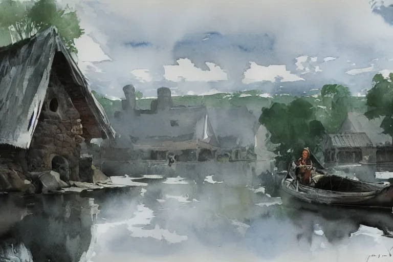 Prompt: abstract watercolor painting of hedonic scandinavian king house, in stone, straw roof, war lord, magical and traditional, reflective river, cinematic light, national romanticism by anders zorn, by greg rutkowski, by greg manchess