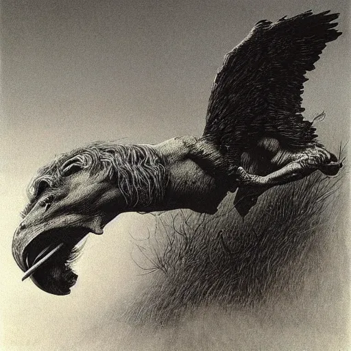 Image similar to a creature with the body and eyes of a man, with the beak of an eagle, the mane of a lion, and the horn of an bull. drawn by zdzislaw beksinski