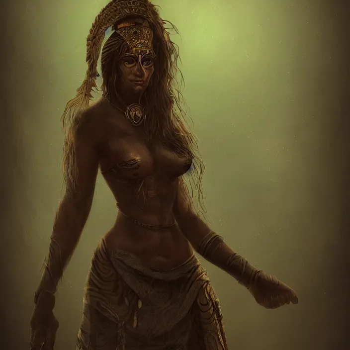 Prompt: tribal matriarch, cruelty, dark light, ambient, bokeh, hd, concept art, digital painting