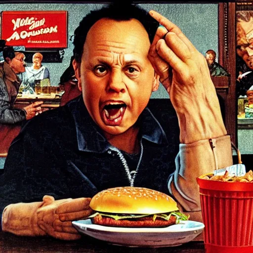 Prompt: astounded billy crystal eating a massive big mac hamburger, extra pickles and onions, ultra detailed, style of norman rockwell, style of richard corben, 4 k, rule of thirds.