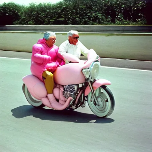 Image similar to a martin parr photo of a grandpa couple, wearing michelin man white body costumes, going super fast on a pink pig, 1 9 7 0 s kodachrome colour photo, flash on camera, w 1 0 2 4