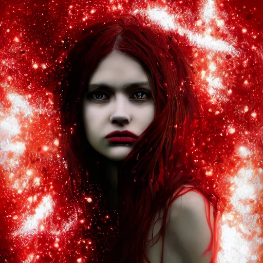 Image similar to masterpiece dynamic portrait of an aesthetic beautiful realistic black haired woman protesting, 3 0 years old woman, mid long hair, black eyed, red peace and love symbol on the cheek, digital painting by john howe, atmospheric red effects, sparkles, artstation, deviantart, large view, motion blur, black background