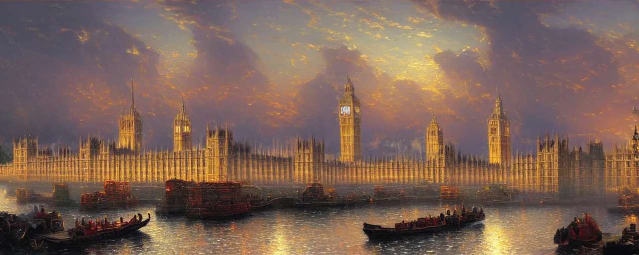 Prompt: the Houses of Parliament, Thomas kinkade