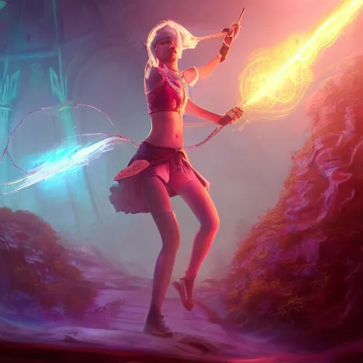 Image similar to Long Shot of ciri in mysterious astral temple jumpin with pistol in river of chromatic SPIRITS , beautiful, dmt, trending on artstation, omnious, soft, hypermaximalistic, high details, cinematic, 8k resolution, artwork by Wong, Liam