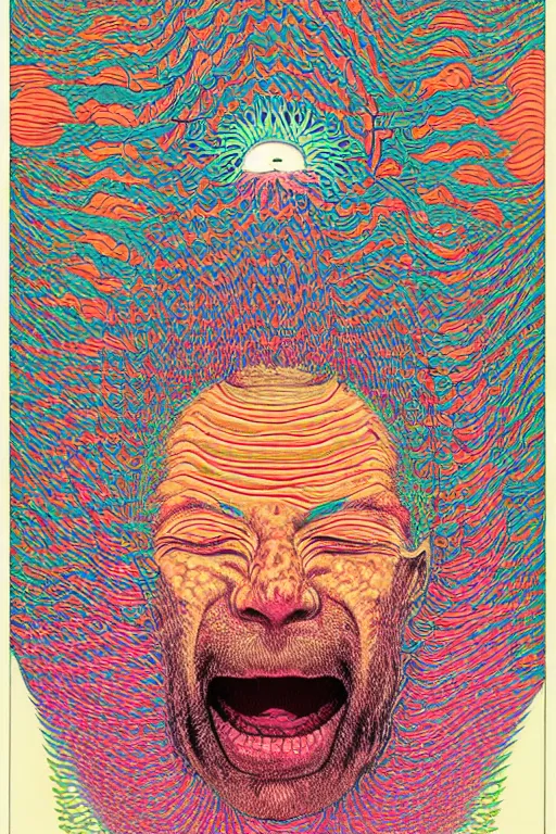 Image similar to man licks a tab of LSD acid on his tongue and experiences psychedelic hallucinations, screenprint by kawase hasui, alex grey and dan hillier, colorful flat surreal design, hd, 8k, artstation