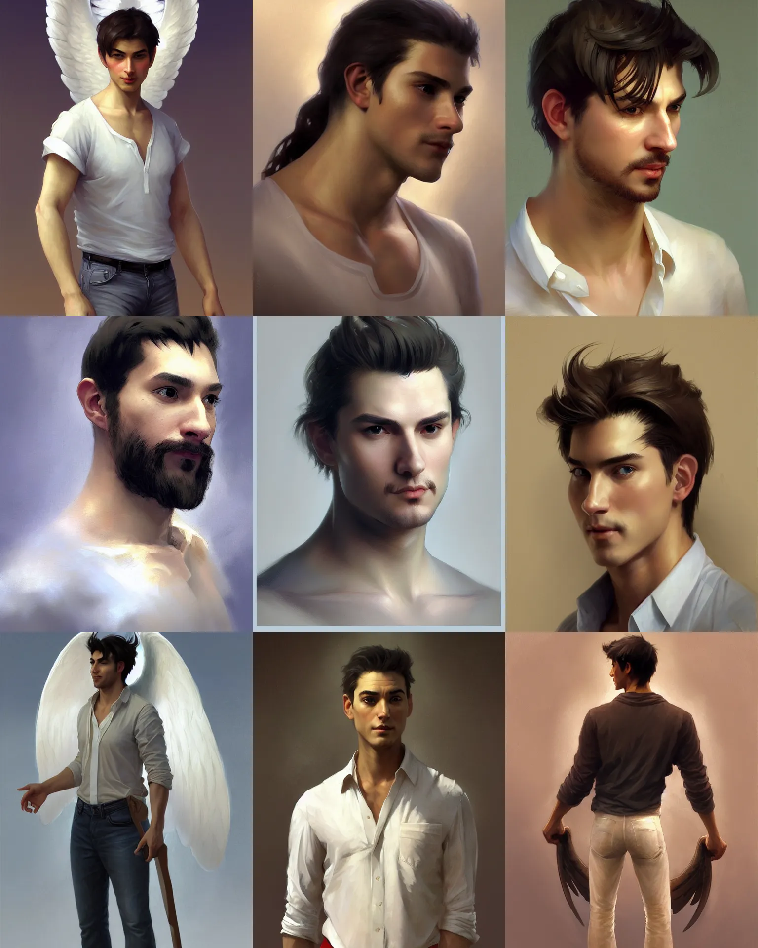 Prompt: character concept portrait of a handsome male angel, Middle-Western ethnicity. Clean-shaven, hair in a ponytail. Shirt, jeans and barefoot. Distant full-body view. Digital painting, concept art, smooth, sharp focus, illustration, by Ruan Jia and Mandy Jurgens and Artgerm and William-Adolphe Bouguereau