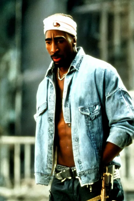 Image similar to film still of Tupac as John McClane in Die Hard, 4k