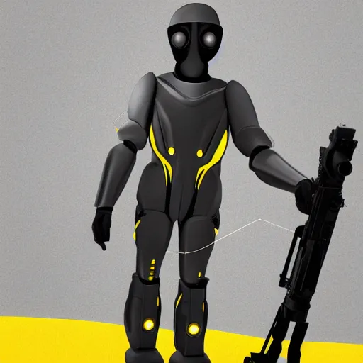 Image similar to a tall faceless security robot with dark grey and yellow armor holding a futuristic rifle