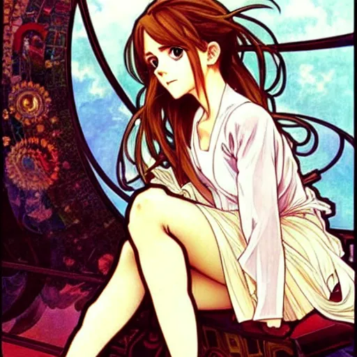 Image similar to cute anime feet, emma watson, alphonse mucha