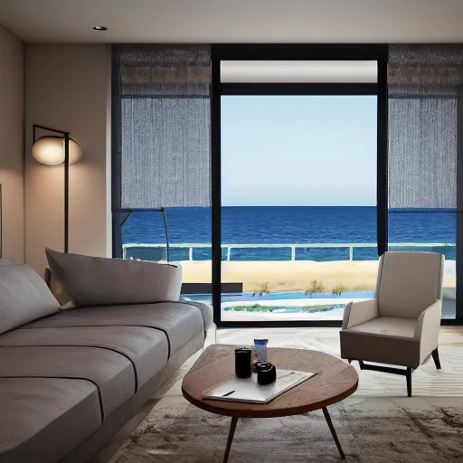 Prompt: modern luxury interior, living room with window facing the sea and sun, photorealistic, ultra - detailed, 4 k high resolution, hdr shot, unreal engine rendering 4 k