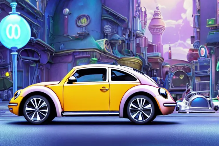 Prompt: a wholesome animation key shot of!! one!! focused!! vw beetle superbug!! in shiny reflective stainless steel, in a las vegas street, medium shot, studio ghibli, ( pixar ) and disney animation, sharp, very detailed, high resolution, rendered in unreal engine 5, anime key art by greg rutkowski, bloom, dramatic lighting