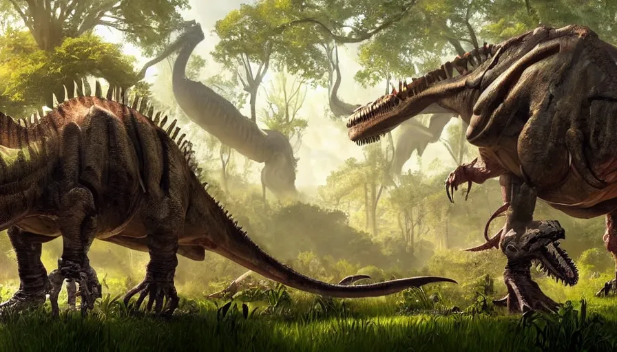 Image similar to A machinated dinosaur hybrid of a BEHEMOTH strolling along a lush green forest from the playstation 5 game Horizon:Zero Dawn world, the T-Rex is part machine part dinosaur, sci-fi concept art, highly detailed, oil on canvas by James Gurney