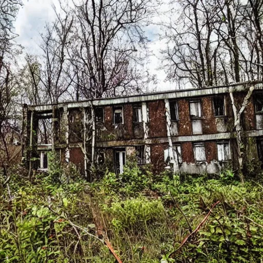 Image similar to an abandoned hospital overgrown and reclaimed by nature, Russian abandoned hospital