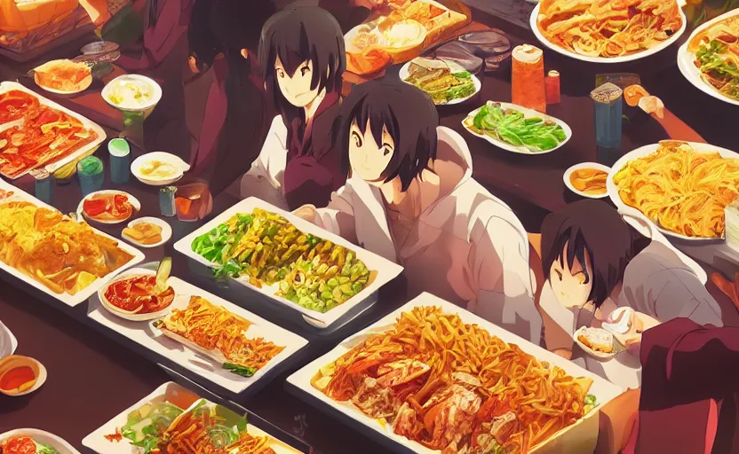Prompt: rows of food at a Chinese buffet, anime scene by Makoto Shinkai, digital art, 4k