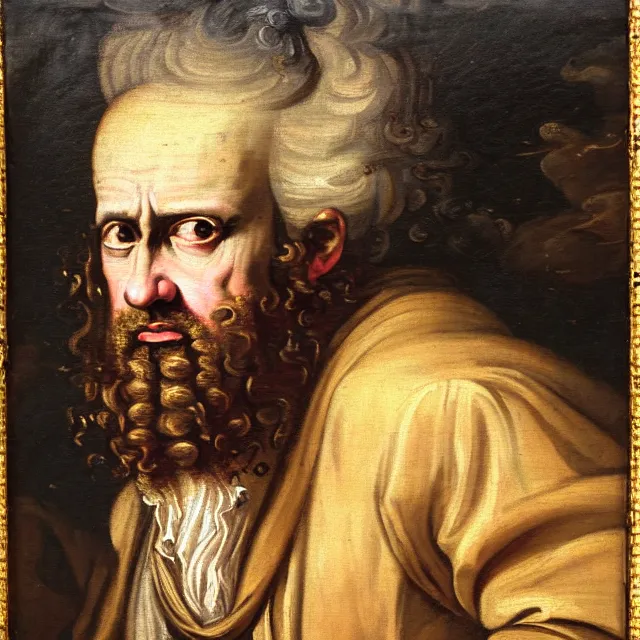 Prompt: baroque portrait painting of disheveled mad wild - eyed frazzled pensive nobleman sorcerer painter