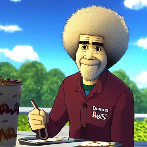 Image similar to bob ross works at mcdonalds in the new anime, screenshot