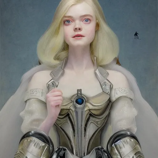 Image similar to a professional painting of Elle Fanning, clothed in ethereal armor, porcelain white skin, long blonde hair, beautiful bone structure, symmetrical facial features, intricate, elegant, digital painting, concept art, smooth, sharp focus, illustration, from Fallout 3, by Edward Hopper and Norman Rockwell and Michael Sowa and Paul Rubens