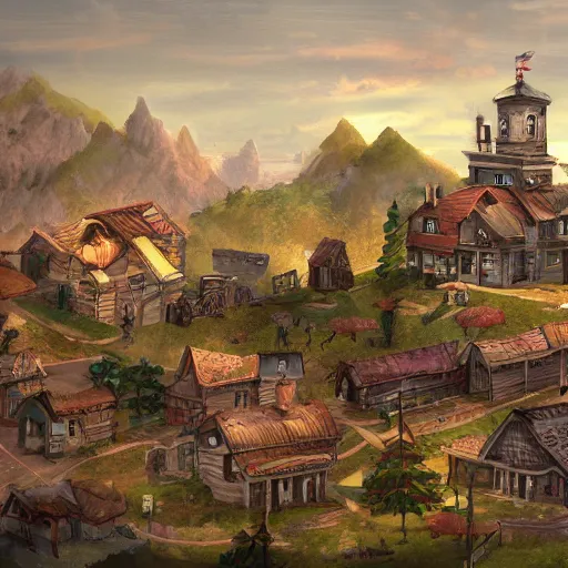 Prompt: large town, game concept art, illustration,