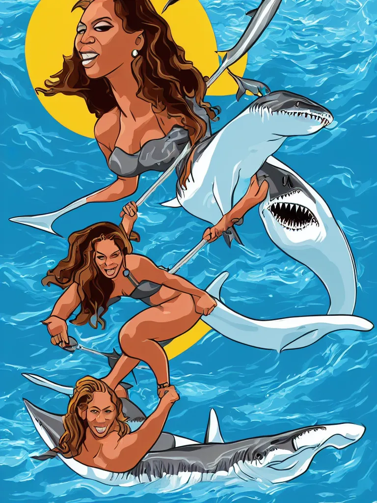 Prompt: digital vector art of Beyonce riding a great white shark with a trident, inspired by Dinsey movies, artstation